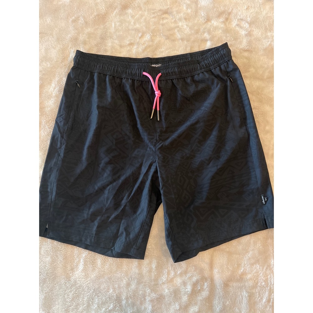 Maamgic Black Geometric Swim Trunks with Pink Drawstring and Liner L